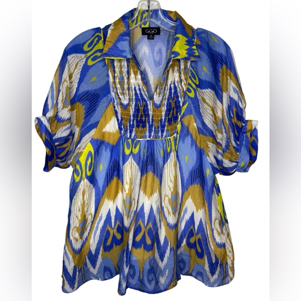 GiGiO USA Ikat Print Smocked Tunic Blouse Blue Gold Size Medium